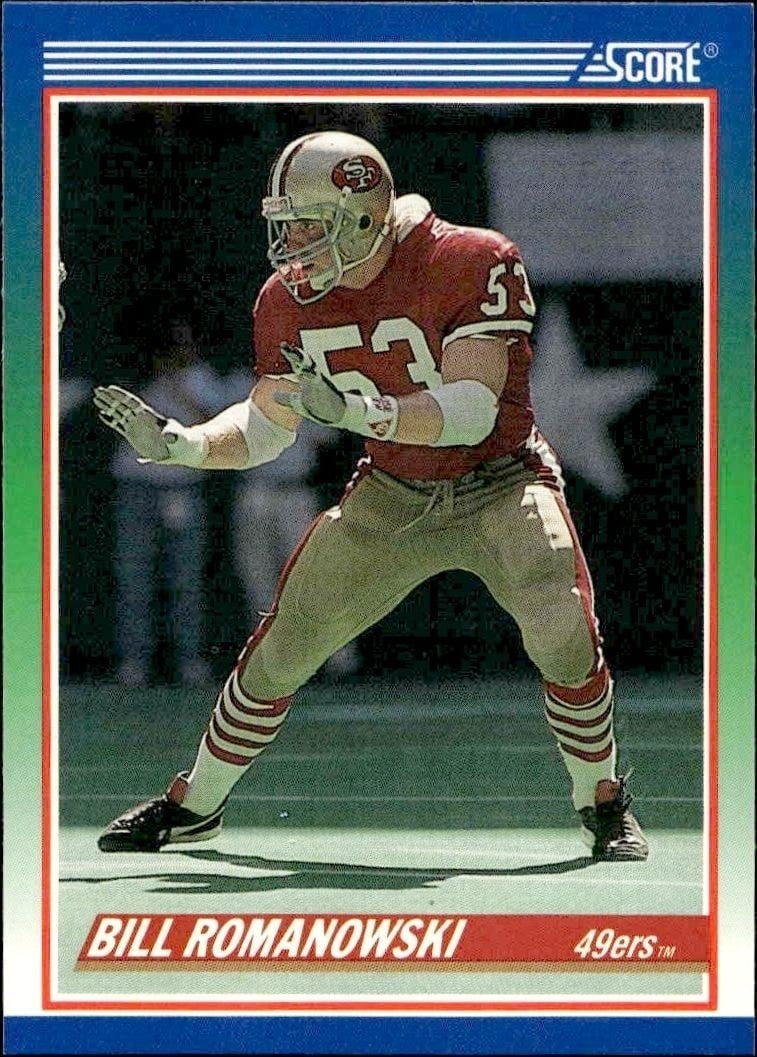 Bill Romanowski 1990 Score #408 Football Trading Card - Front 1990 Score Bill Romanowski #408 football trading card front