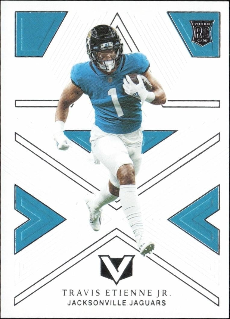 Travis Etienne Jr. 2021 Panini Chronicles #V-10 Football Trading Card - Front 2021 Panini Chronicles Travis Etienne Jr. #V-10 football trading card front