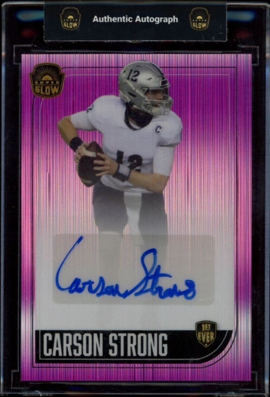 Carson Strong 2022 Super Glow Pink #AU-CS Football Trading Card - Front 2022 Super Glow Pink Carson Strong #AU-CS football trading card front