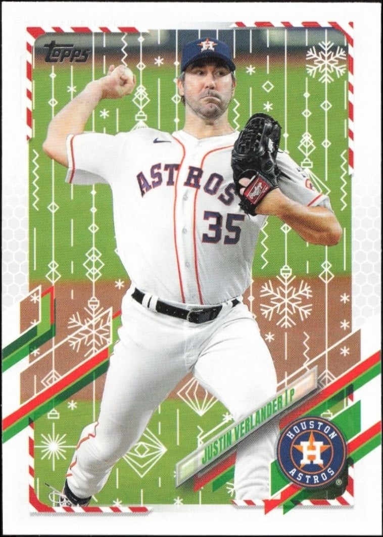 Justin Verlander 2021 Topps Holiday #HW160 Baseball Trading Card - Front 2021 Topps Holiday Justin Verlander #HW160 baseball trading card front
