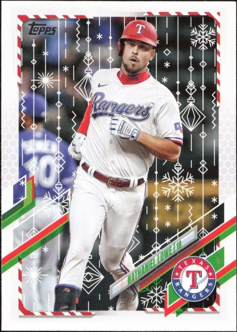 Nathaniel Lowe 2021 Topps Holiday #HW155 Baseball Trading Card - Front 2021 Topps Holiday Nathaniel Lowe #HW155 baseball trading card front