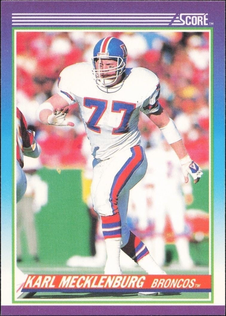 Karl Mecklenburg 1990 Score #115 Football Trading Card - Front 1990 Score Karl Mecklenburg #115 football trading card front