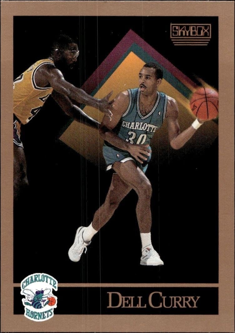 Dell Curry 1990-91 Skybox #28 Basketball Trading Card - Front 1990-91 Skybox Dell Curry #28 basketball trading card front