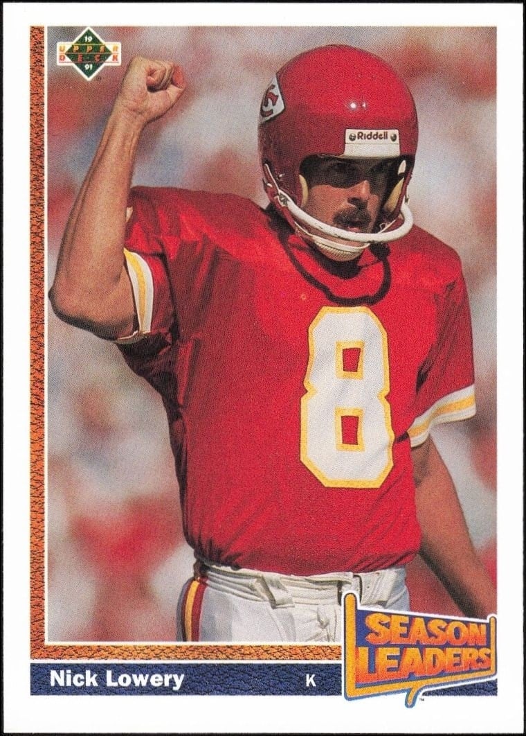 Nick Lowery 1991 Upper Deck #405 Football Trading Card - Front 1991 Upper Deck Nick Lowery #405 football trading card front