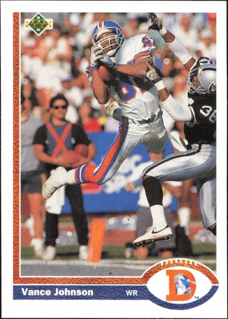 Vance Johnson 1991 Upper Deck #122 Football Trading Card - Front 1991 Upper Deck Vance Johnson #122 football trading card front