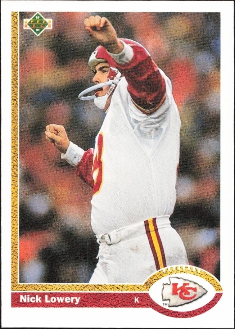 Nick Lowery 1991 Upper Deck #160 Football Trading Card - Front 1991 Upper Deck Nick Lowery #160 football trading card front