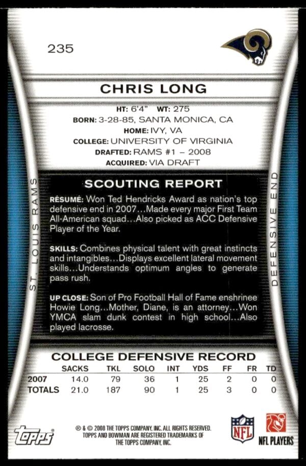 2008 Bowman Chris Long Blue #235 (Back)