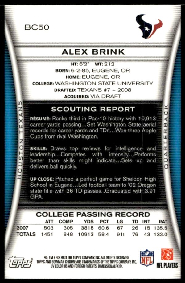 2008 Bowman Chrome Alex Brink #BC50 (Back)