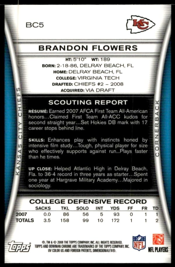 2008 Bowman Chrome Brandon Flowers #BC5 (Back)