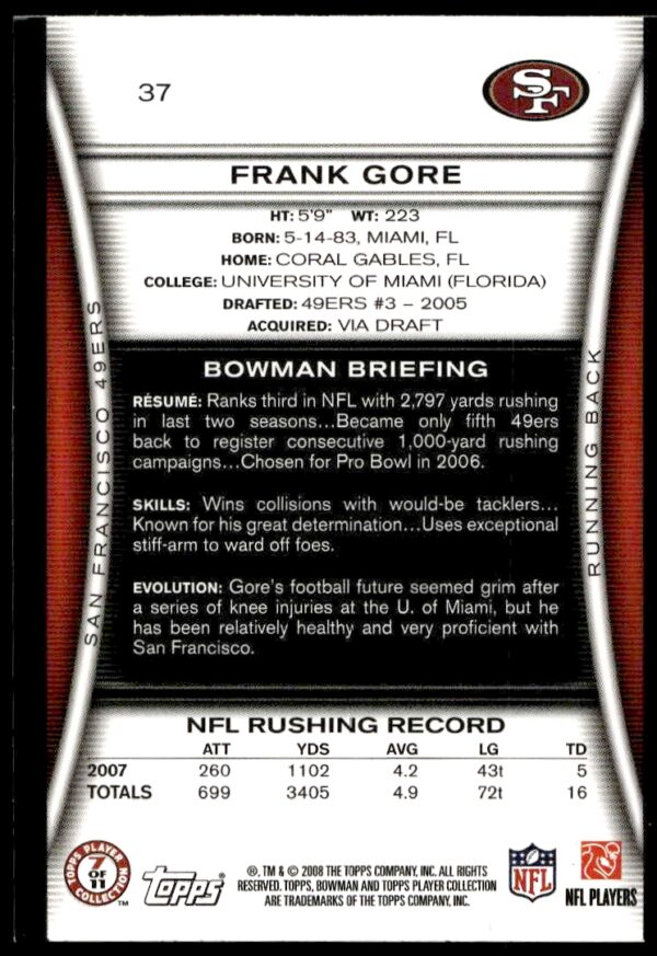 2008 Bowman Frank Gore #37 (Back)