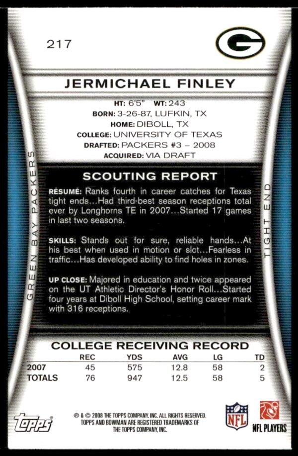 2008 Bowman Jermichael Finley Blue #217 (Back)