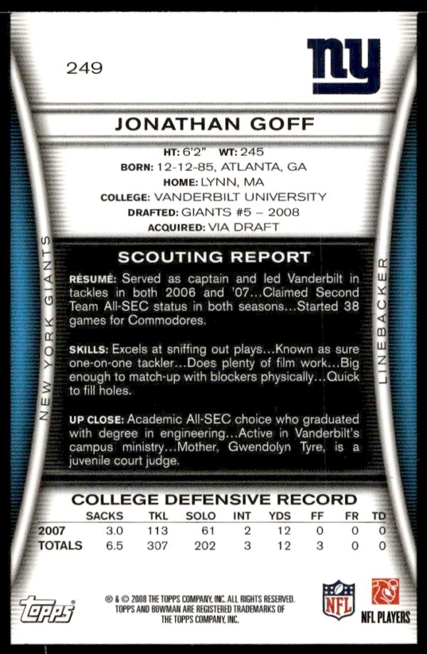 2008 Bowman Jonathan Goff Blue #249 (Back)