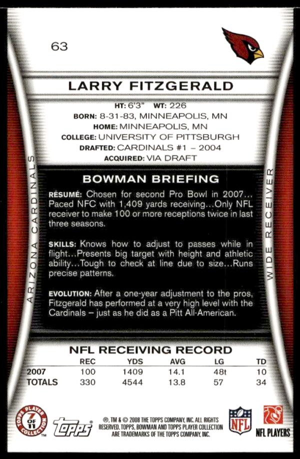 2008 Bowman Larry Fitzgerald Blue #63 (Back)