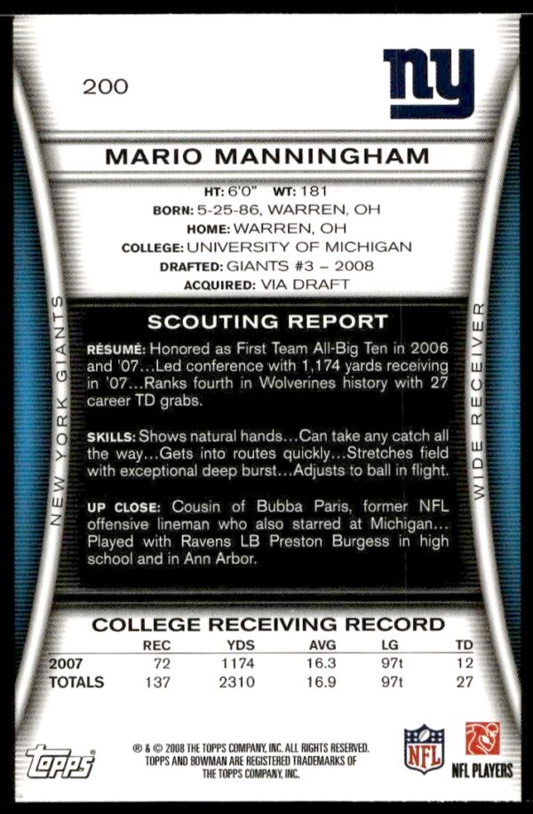 2008 Bowman Mario Manningham Blue #200 (Back)