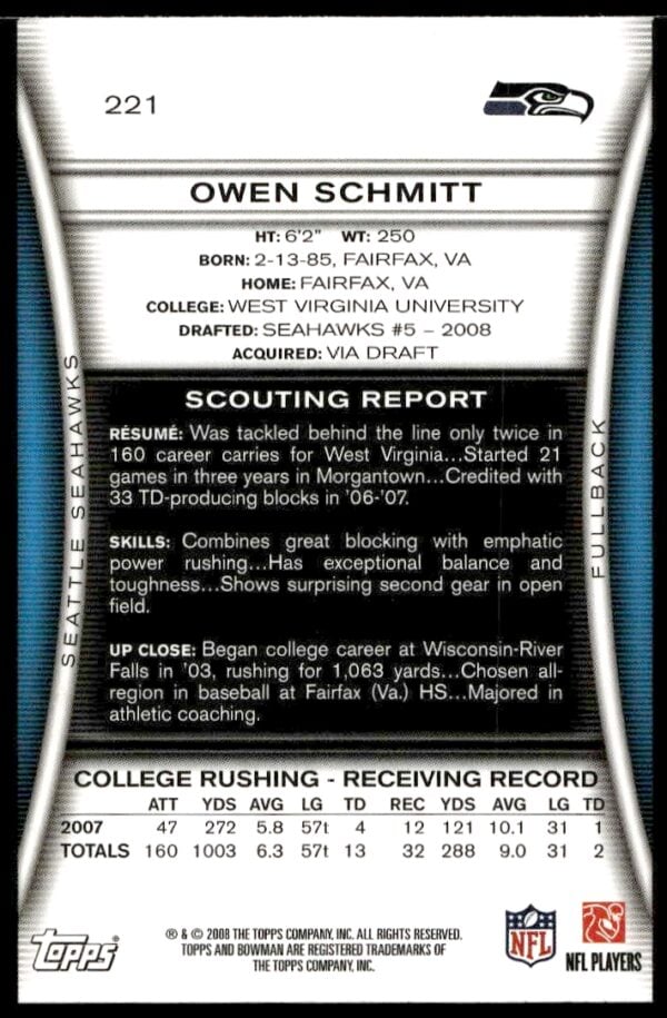 2008 Bowman Owen Schmitt Orange #221 (Back)