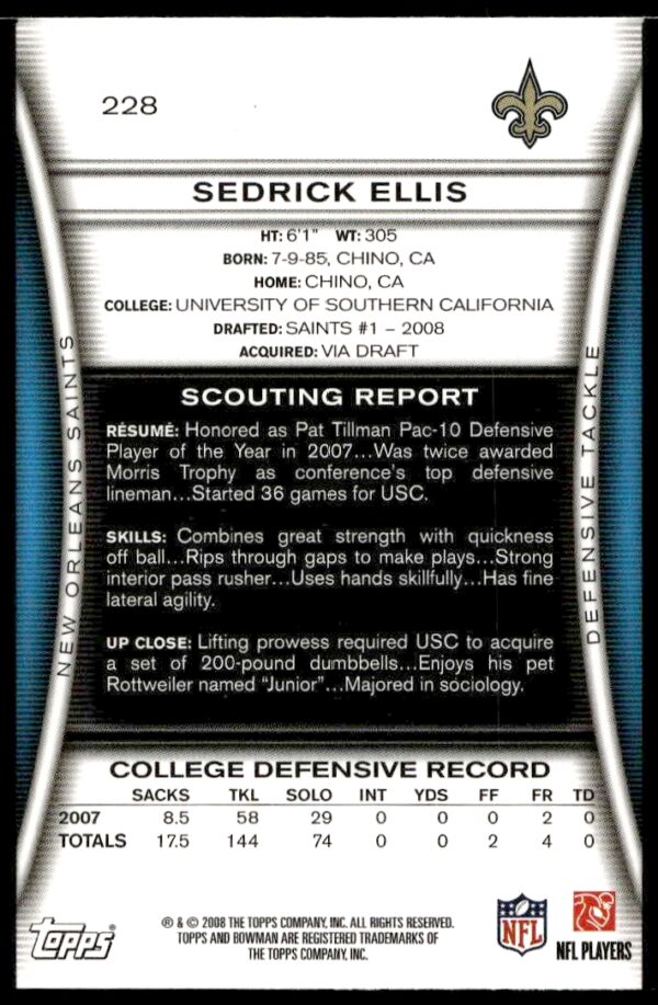 2008 Bowman Sedrick Ellis #228 (Back)