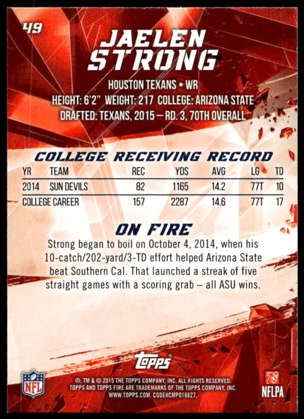 2015 Topps Fire Jaelen Strong Rookies #49 (Back)