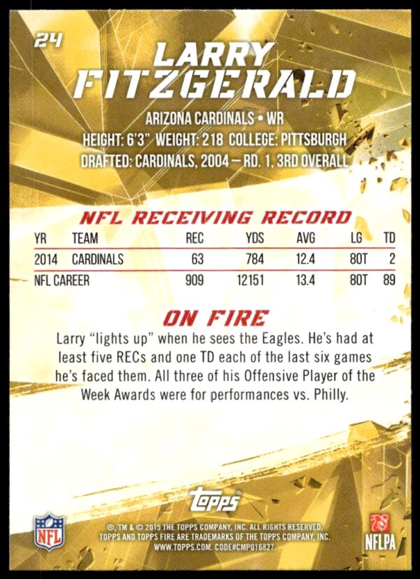 2015 Topps Fire Larry Fitzgerald #24 (Back)