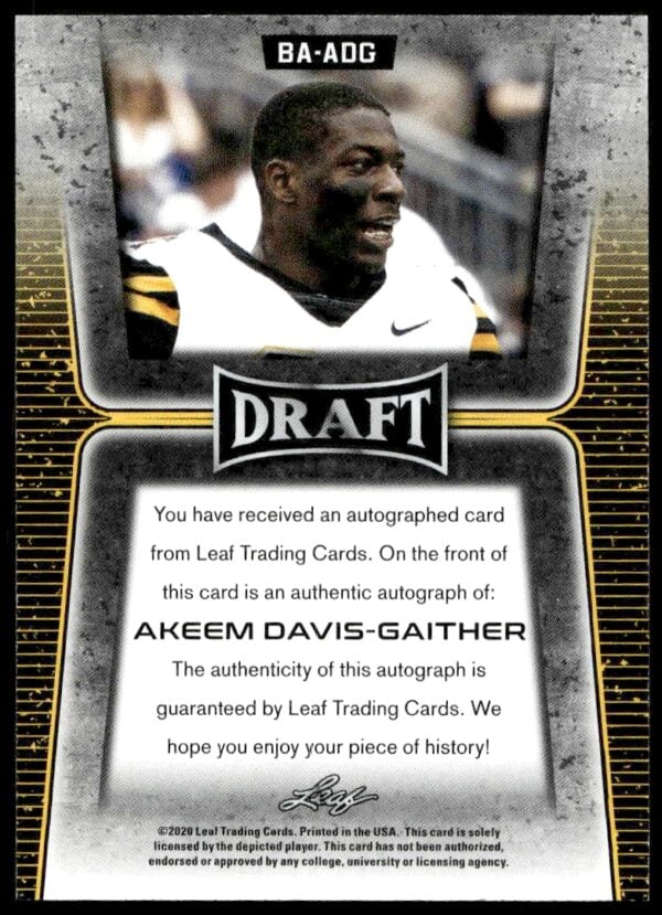 2020 Leaf Draft Akeem Davis-Gaither #BA-ADG Auto (Back)