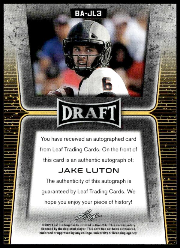 2020 Leaf Draft Jake Luton #BA-JL3 Auto (Back)