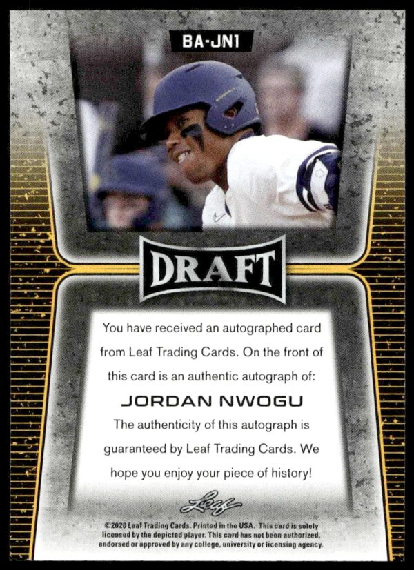 2020 Leaf Draft Jordan Nwogu #SA-JN1 Auto (Back)