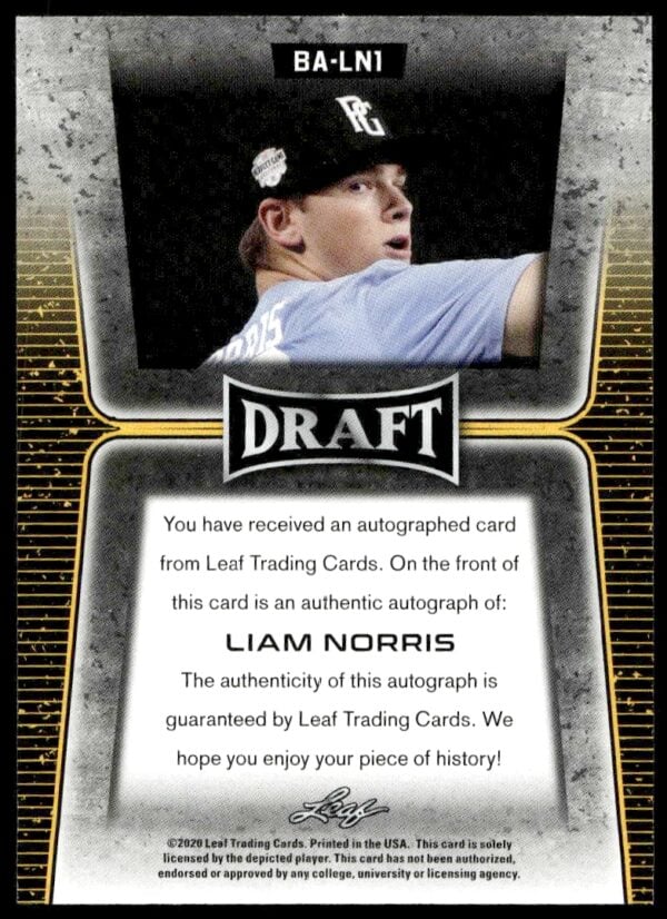 2020 Leaf Draft Liam Norris #BA-LN1 Auto (Back)