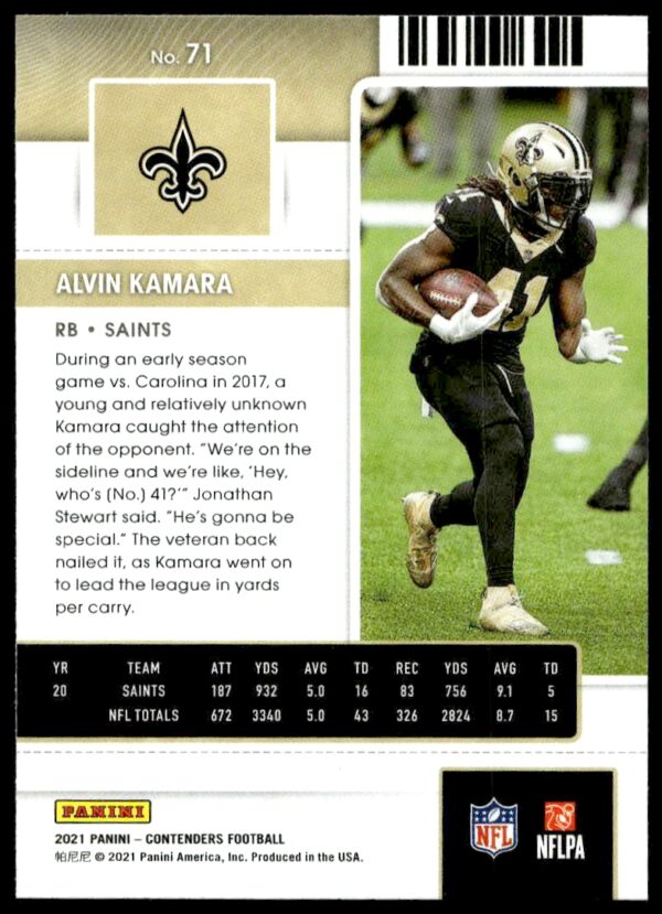 2021 Panini Contenders Alvin Kamara #71 (Back)