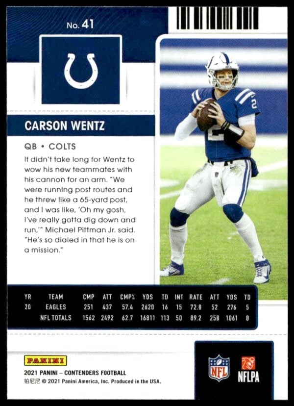 2021 Panini Contenders Carson Wentz #41 (Back)