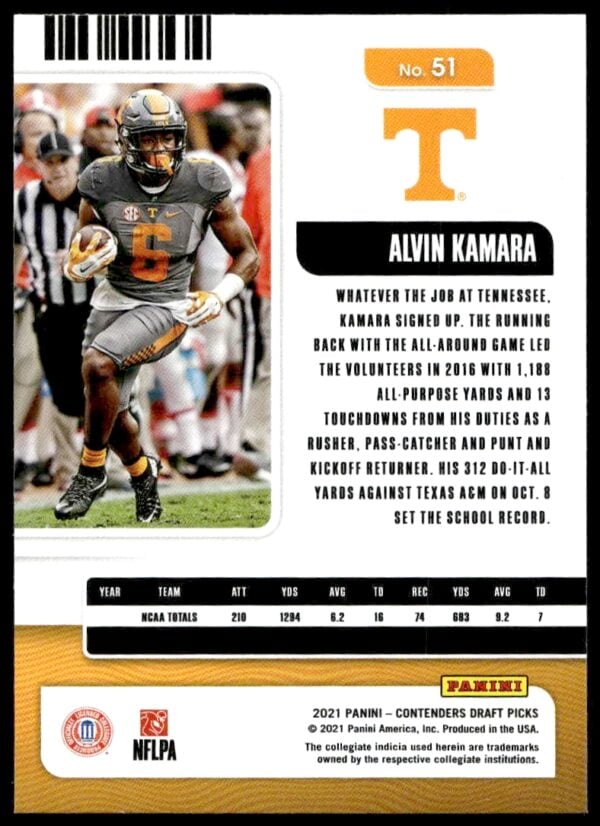 2021 Panini Contenders Draft Picks Alvin Kamara #51 (Back)