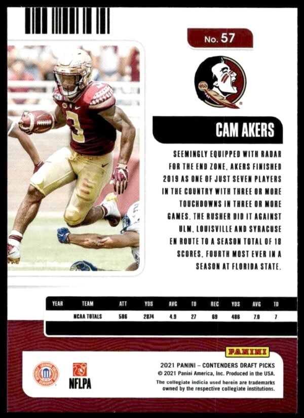 2021 Panini Contenders Draft Picks Cam Akers #57 (Back)