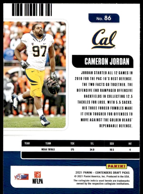 2021 Panini Contenders Draft Picks Cameron Jordan #86 (Back)