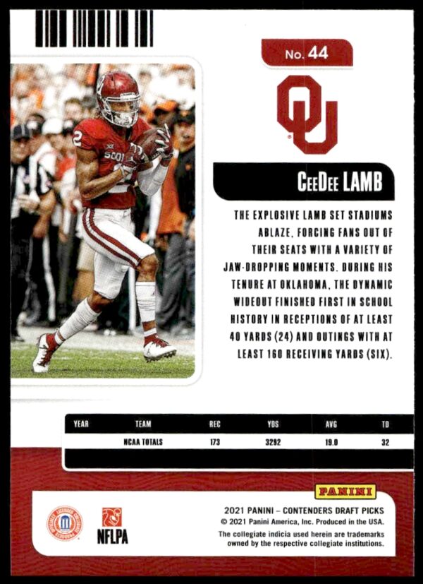 2021 Panini Contenders Draft Picks CeeDee Lamb #44 (Back)