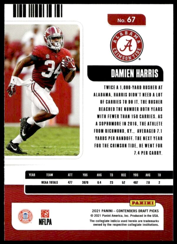 2021 Panini Contenders Draft Picks Damien Harris #67 (Back)