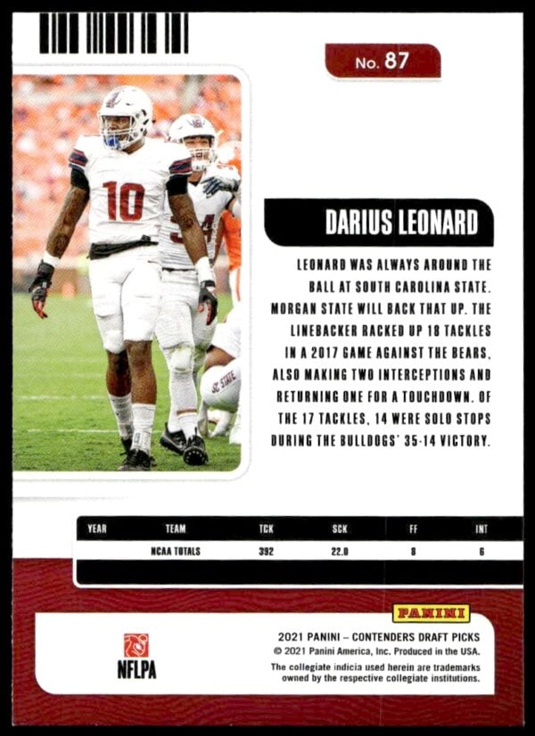 2021 Panini Contenders Draft Picks Darius Leonard #87 (Back)