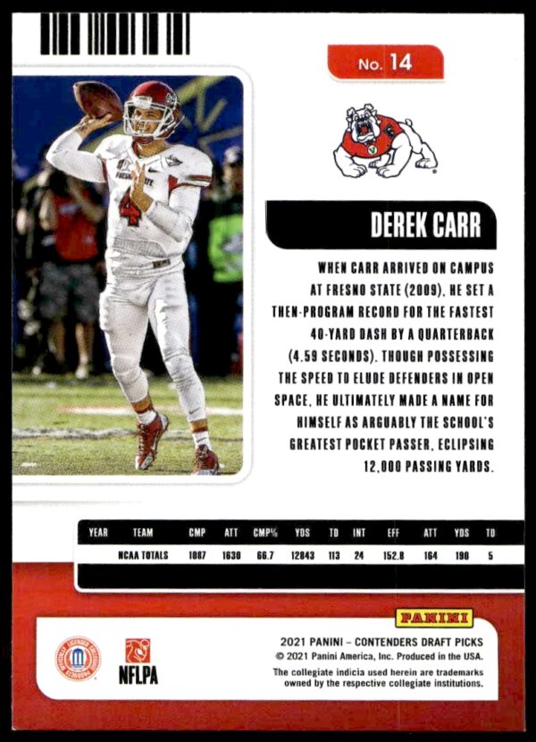 2021 Panini Contenders Draft Picks Derek Carr Campus Ticket #14 (Back)