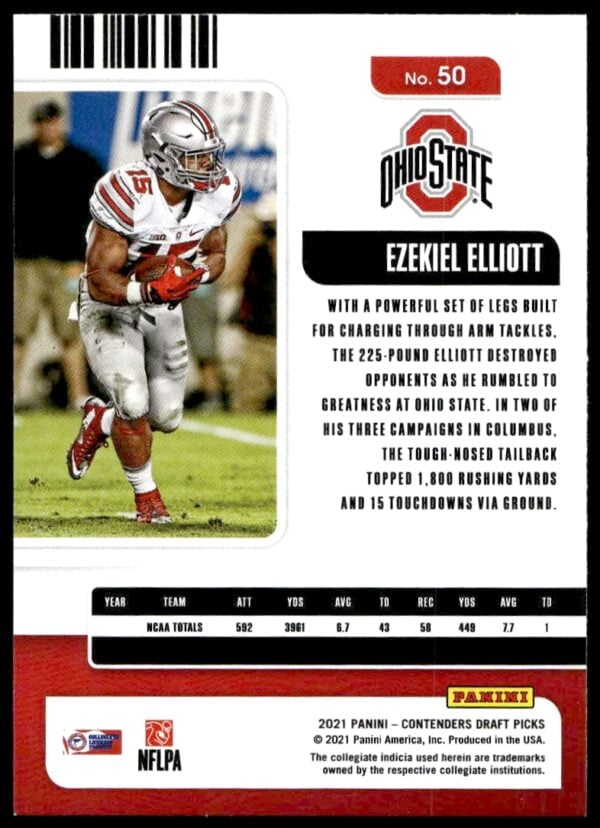 2021 Panini Contenders Draft Picks Ezekiel Elliott #50 (Back)