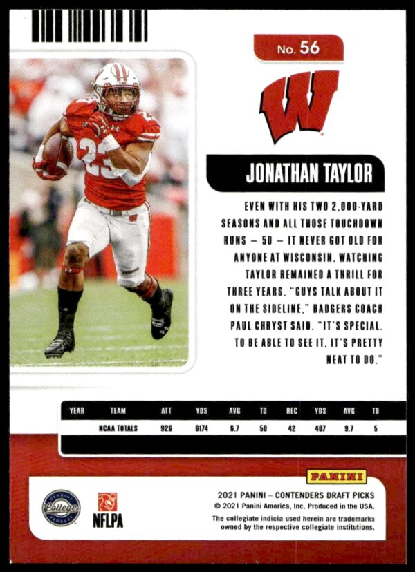 2021 Panini Contenders Draft Picks Jonathan Taylor #56 (Back)