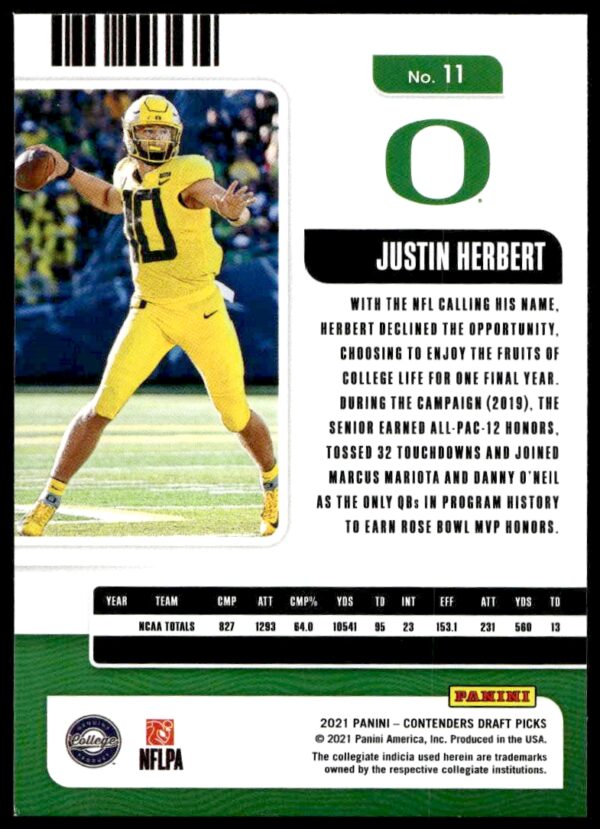 2021 Panini Contenders Draft Picks Justin Herbert #11 (Back)