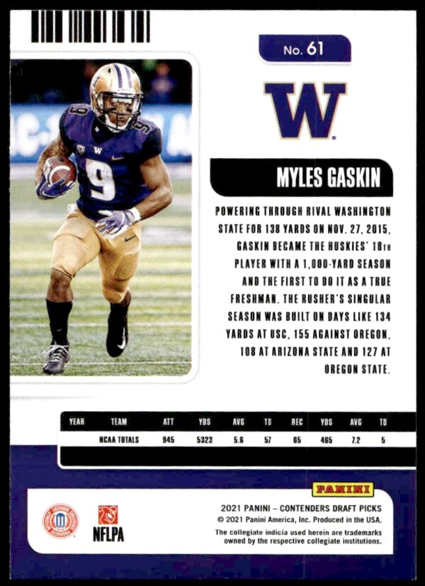 2021 Panini Contenders Draft Picks Myles Gaskin #61 (Back)