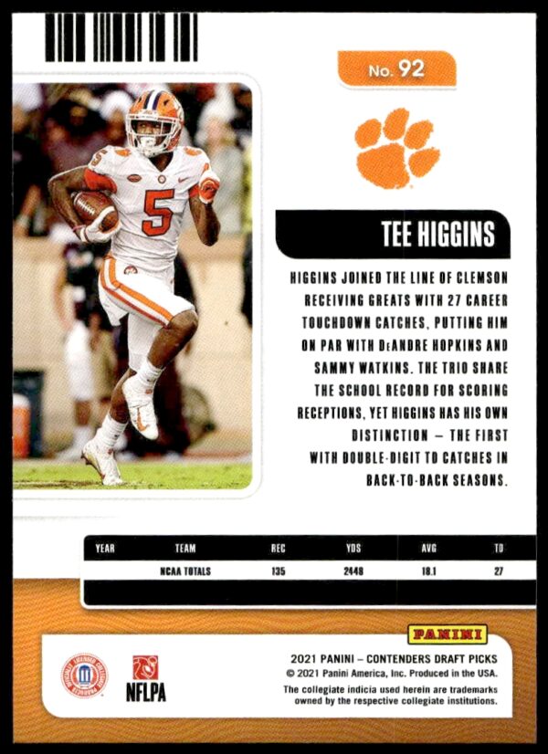 2021 Panini Contenders Draft Picks Tee Higgins #92 (Back)