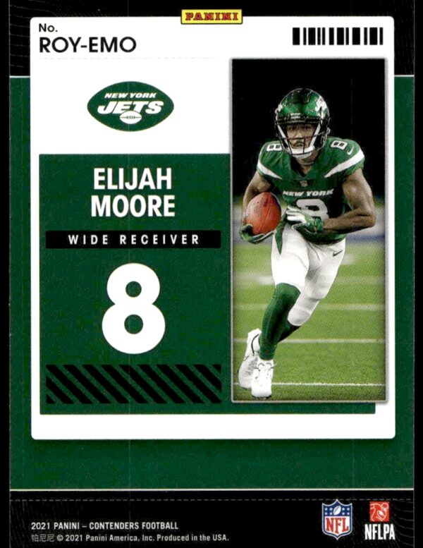 2021 Panini Contenders Elijah Moore Rookie of the Year Emerald #ROY-EMO (Back)