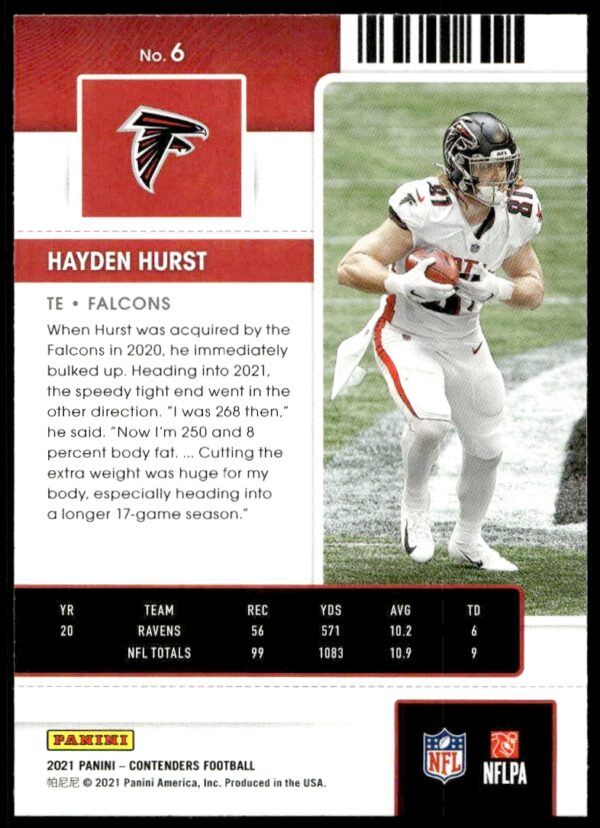 2021 Panini Contenders Hayden Hurst #6 (Back)