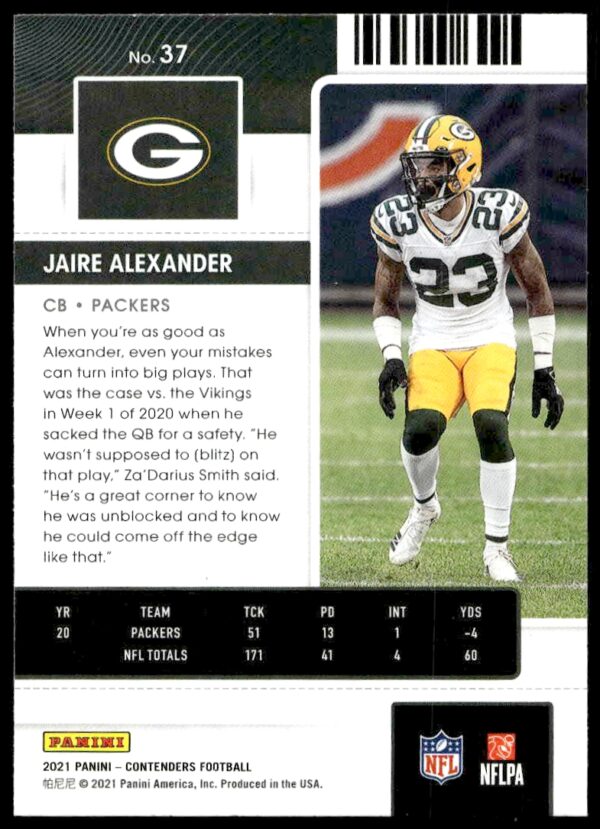 2021 Panini Contenders Jaire Alexander #37 (Back)