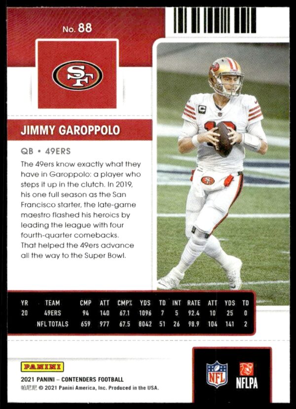 2021 Panini Contenders Jimmy Garoppolo #88 (Back)