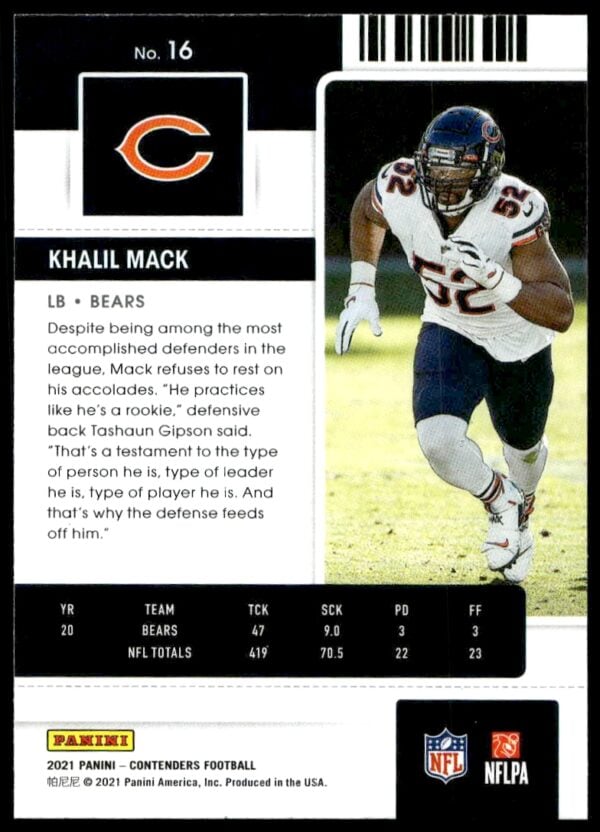 2021 Panini Contenders Khalil Mack #16 (Back)