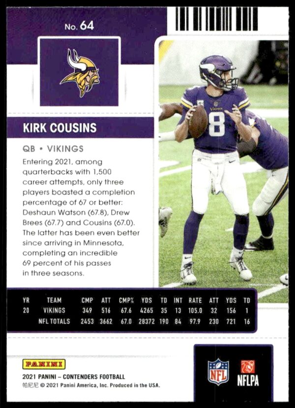 2021 Panini Contenders Kirk Cousins #64 (Back)