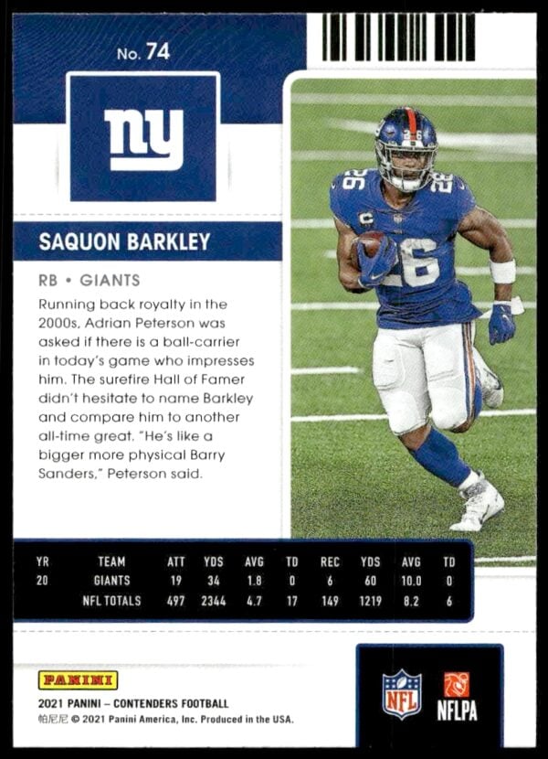 2021 Panini Contenders Saquon Barkley #74 (Back)