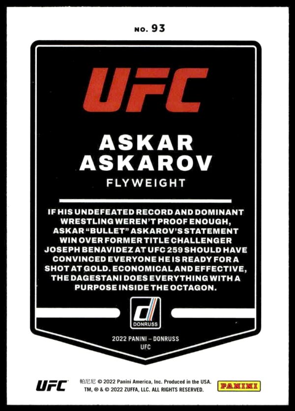 2022 Donruss UFC Askar Askarov #93 (Back)