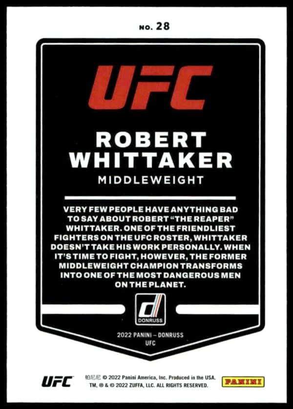 2022 Donruss UFC Robert Whittaker #28 (Back)