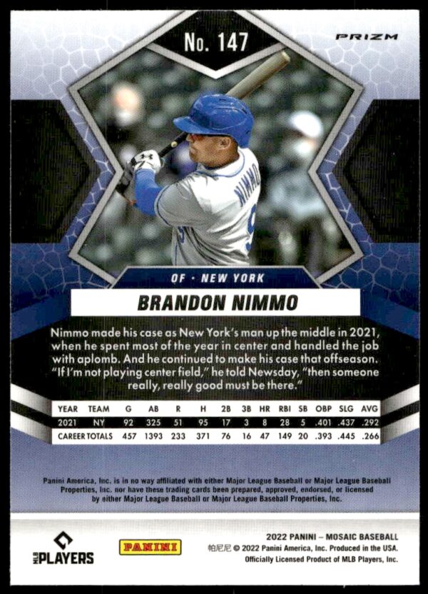 2022 Panini Mosaic Brandon Nimmo Mosaic Prizm #147 (Back)